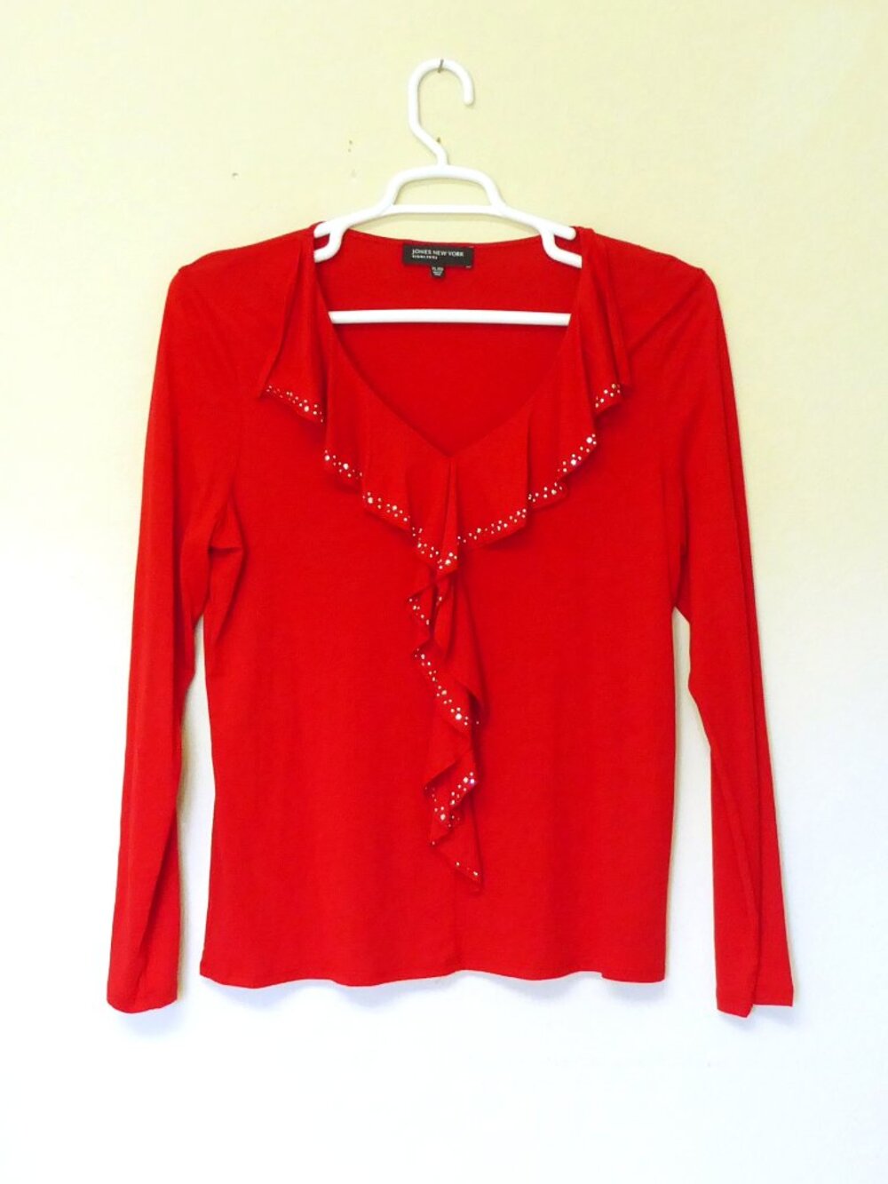 Jones New York red silver rhinestone ruffle front long sleeve top size XL